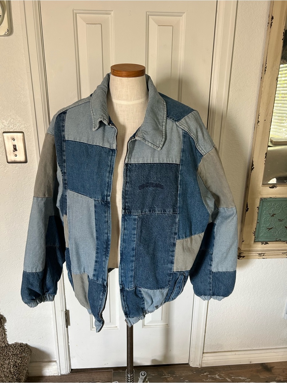 BDG Patchwork Denim Bomber Jacket - Light & Dark Blue